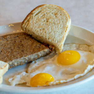 eggs, scrapple, and toast